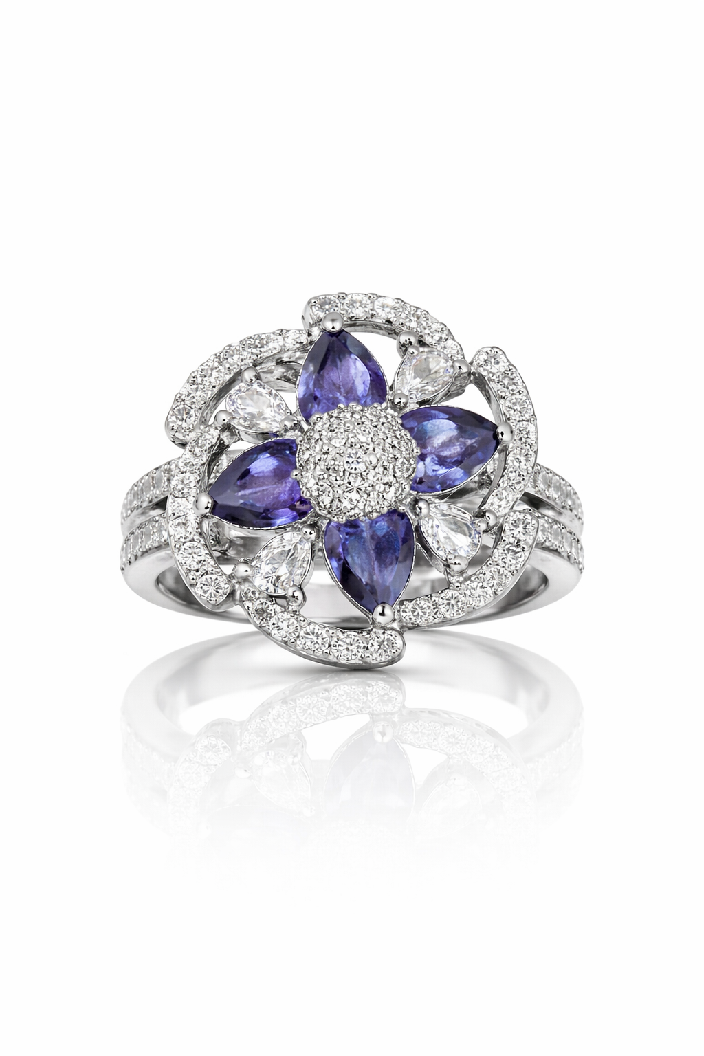 Ikarave Silver Plated Blue Crystal Floral Designer Rings for Women and Girls, Adjustable Cocktail Ring, Party Wear Statement Finger Ring, Fashion Jewellery for Wedding, Engagement, Anniversary and Gifting