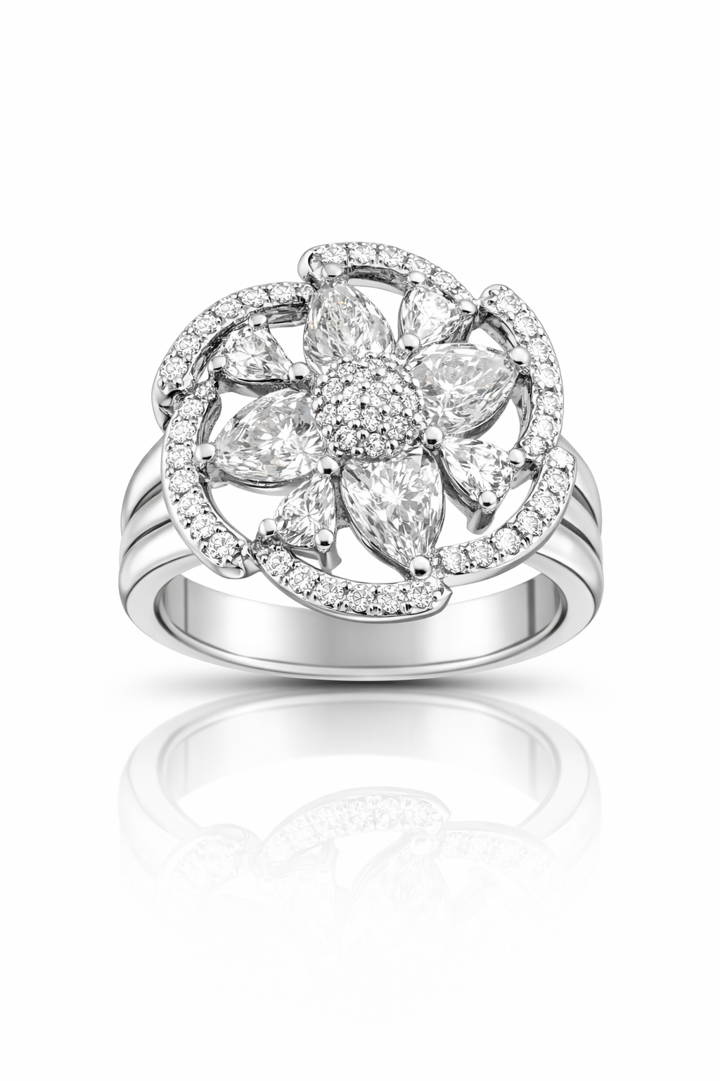 Ikarave Silver Plated White Crystal Floral Designer Rings for Women and Girls, Adjustable Cocktail Ring, Party Wear Statement Finger Ring, Fashion Jewellery for Wedding, Engagement, Anniversary and Gifting