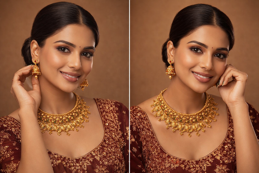 Ikarave Gold Plated Temple Choker Jewelry Set with Traditional Stone Work and Jhumka Earrings for Women, Bridal Wedding Party Wear Ethnic Fashion Accessories for Festive and Special Occasions (Copy)