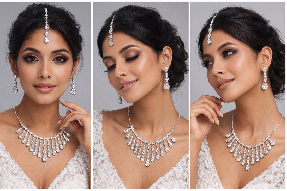 Ikarave Silver Plated Crystal Teardrop Bridal Jewelry Set with Necklace Earrings and Maang Tikka, Elegant Wedding Party Wear Fashion Accessories for Women and Girls