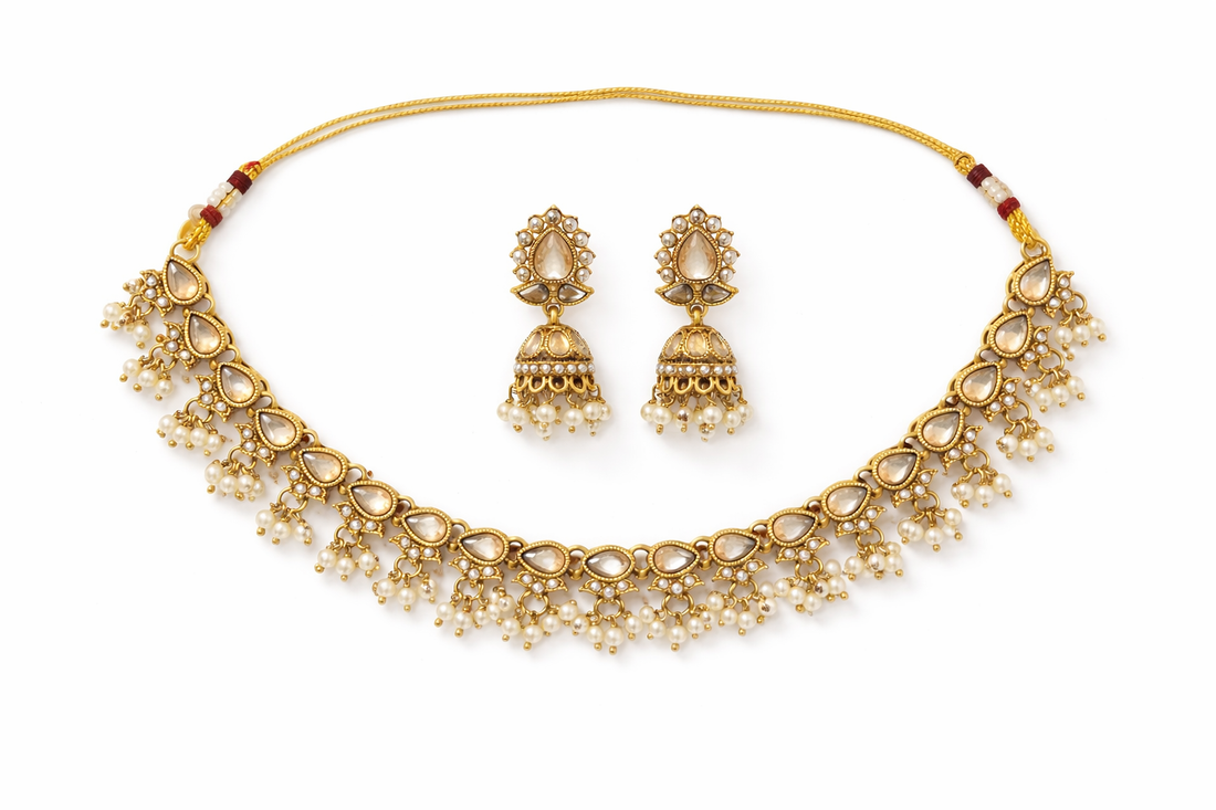 Ikarave Kundan Pearl Gold Plated Jewelry Set for Women with Traditional Necklace and Jhumka Earrings, Bridal Wedding Party Wear Ethnic Fashion Accessories for Festive and Special Occasions (Copy)
