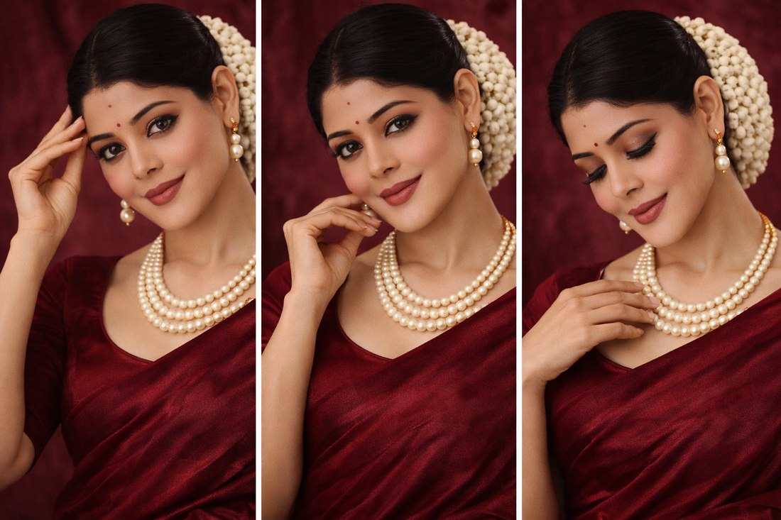 Ikarave Pearl Jewelry Set for Women with Three Layer Pearl Chain and Matching Earrings, Traditional Party Wear Bridal Fashion Accessories for Wedding, Festive Functions and Special Occasions