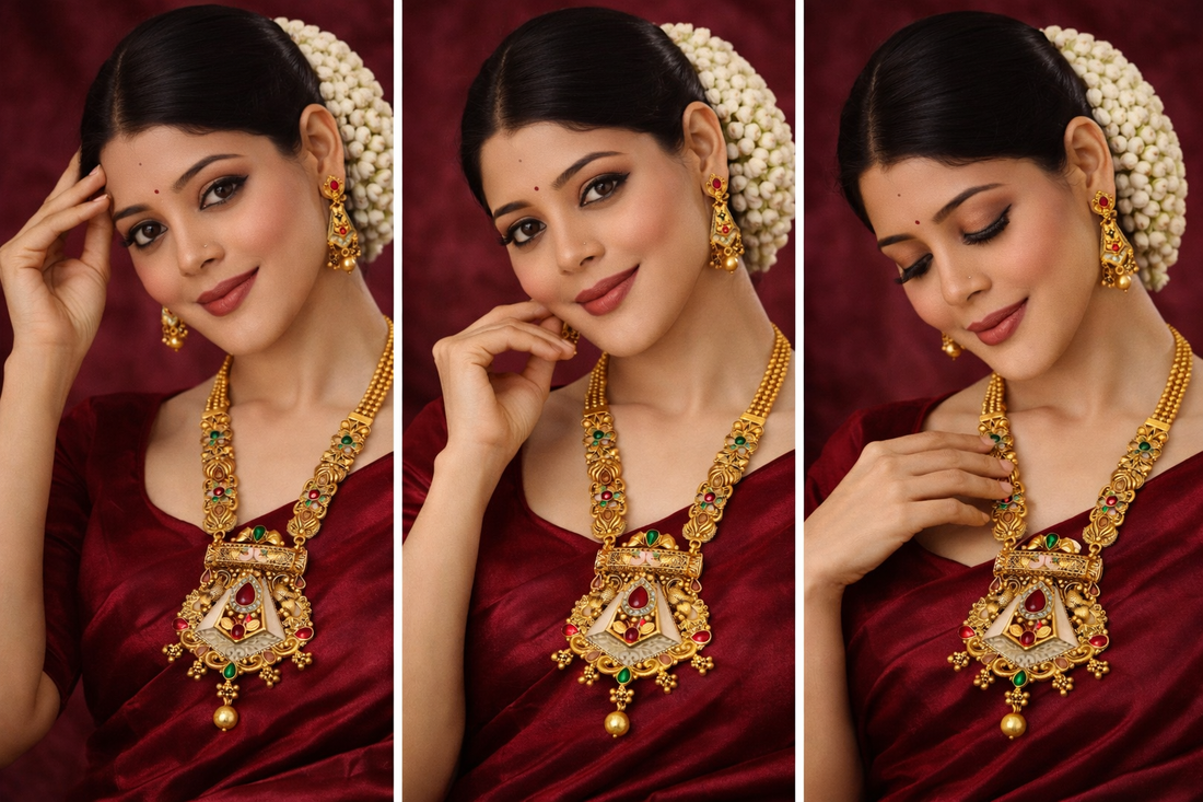 Ikarave Gold Plated Antique Temple Jewelry Set with Traditional Long Necklace and Matching Earrings for Women, Bridal Wedding Party Wear Ethnic Fashion Accessories for Festive and Special Occasions