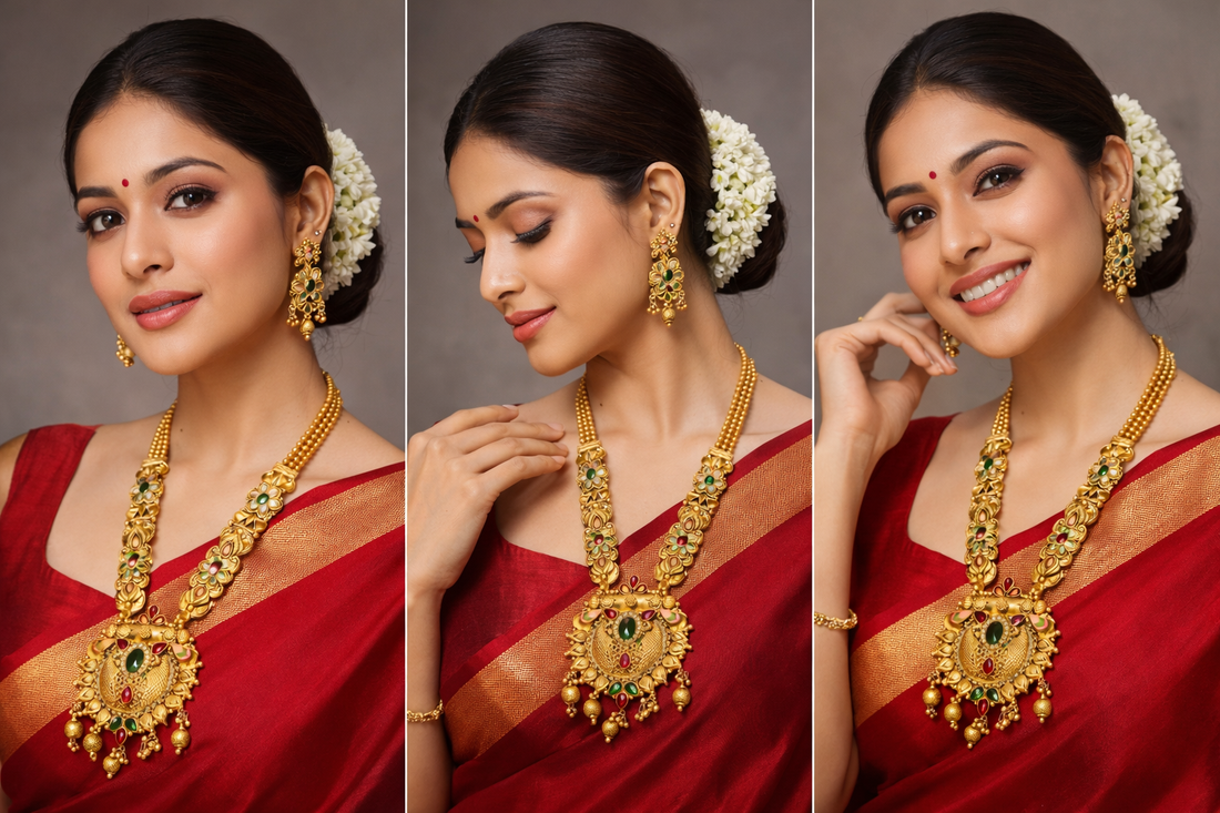 Ikarave Gold Plated Antique Bridal Jewelry Set with Traditional Long Pendant Design and Matching Earrings for Women, Wedding Party Wear Ethnic Fashion Accessories for Festive and Special Occasions (Copy)