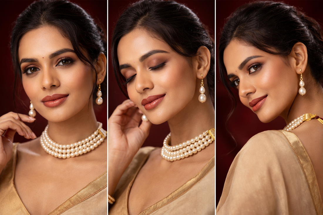 Ikarave Pearl Multi Layer Beaded Neckpiece Set with Matching Drop Earrings for Women, Traditional Wedding Party Wear Ethnic Designer Jewelry for Bridal and Festive Styling