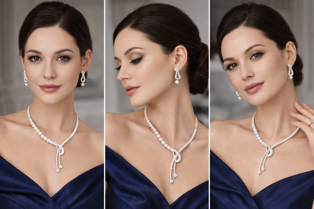 Ikarave Silver Plated Crystal Swan Design Necklace Set with Pearl Drop Earrings, Elegant Party Wear Bridal Jewelry for Women and Girls, Wedding Festive Fashion Accessories Gift Set