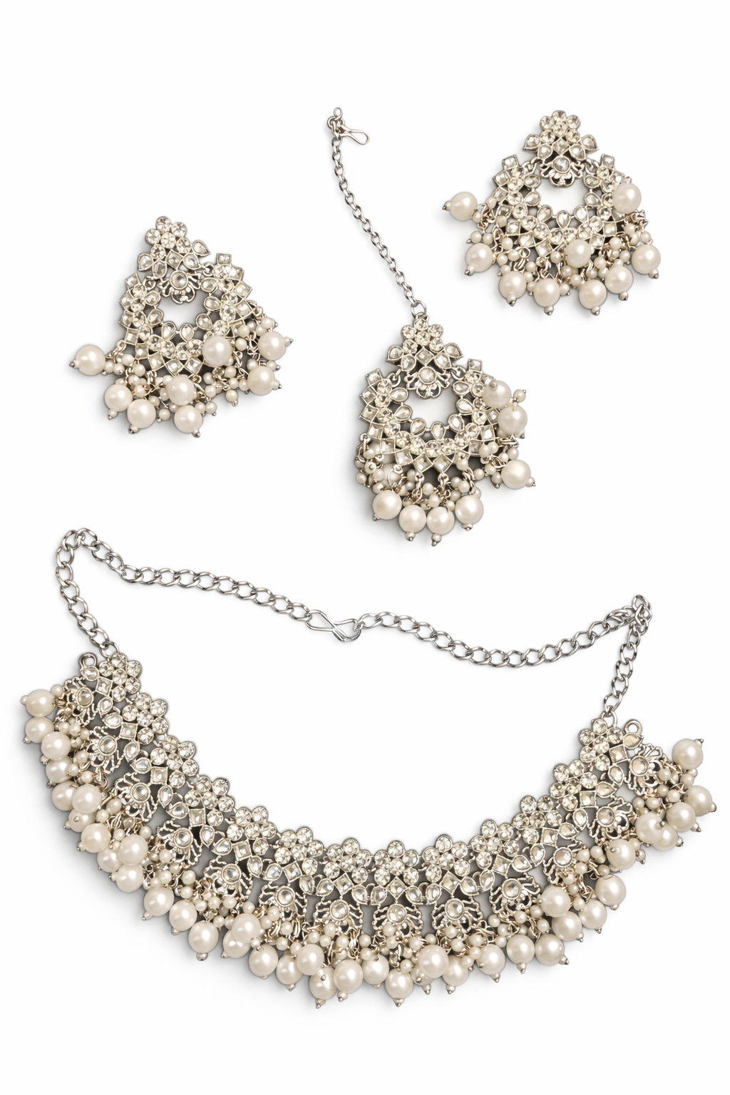Ikarave Silver Plated Pearl Necklace Set for Women, Bridal Choker Jewelry with Matching Earrings and Maang Tikka, Traditional Wedding Party Wear Designer Ethnic Jewelry Set for Girls