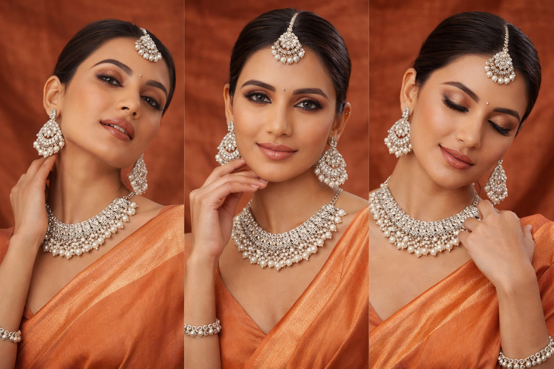 Ikarave Silver Plated Pearl Neckpiece Set with Matching Earrings and Maang Tikka for Women, Bridal Traditional Wedding Party Wear Ethnic Designer Jewelry Set