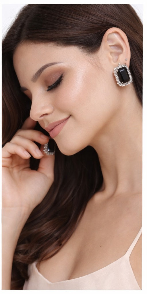 IKARAVE Silver Black Crystal Stud Earings for Women Designer CZ Stone Square Earings Luxury Party Wear Earings Statement Jewelry for Girls Wedding and Festive Fashion Accessories