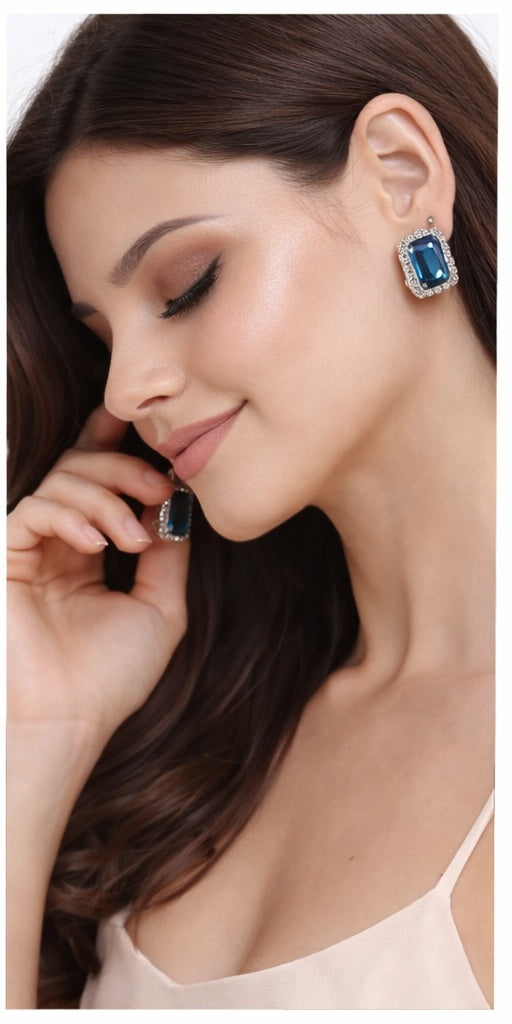 IKARAVE Silver Blue Crystal Stud Earrings for Women Designer CZ Stone Square Earings Party Wear Studs Luxury Statement Earings for Girls Wedding and Festive Fashion Jewelry