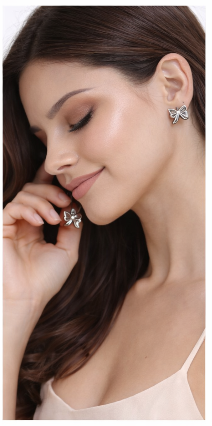 IKARAVE Silver Bow Knot Stud Earrings for Women and Girls, Trendy Fashion Jewellery Earings, Shiny Metal Small Studs, Party Wear Office Wear Gift for Birthday Anniversary Valentine