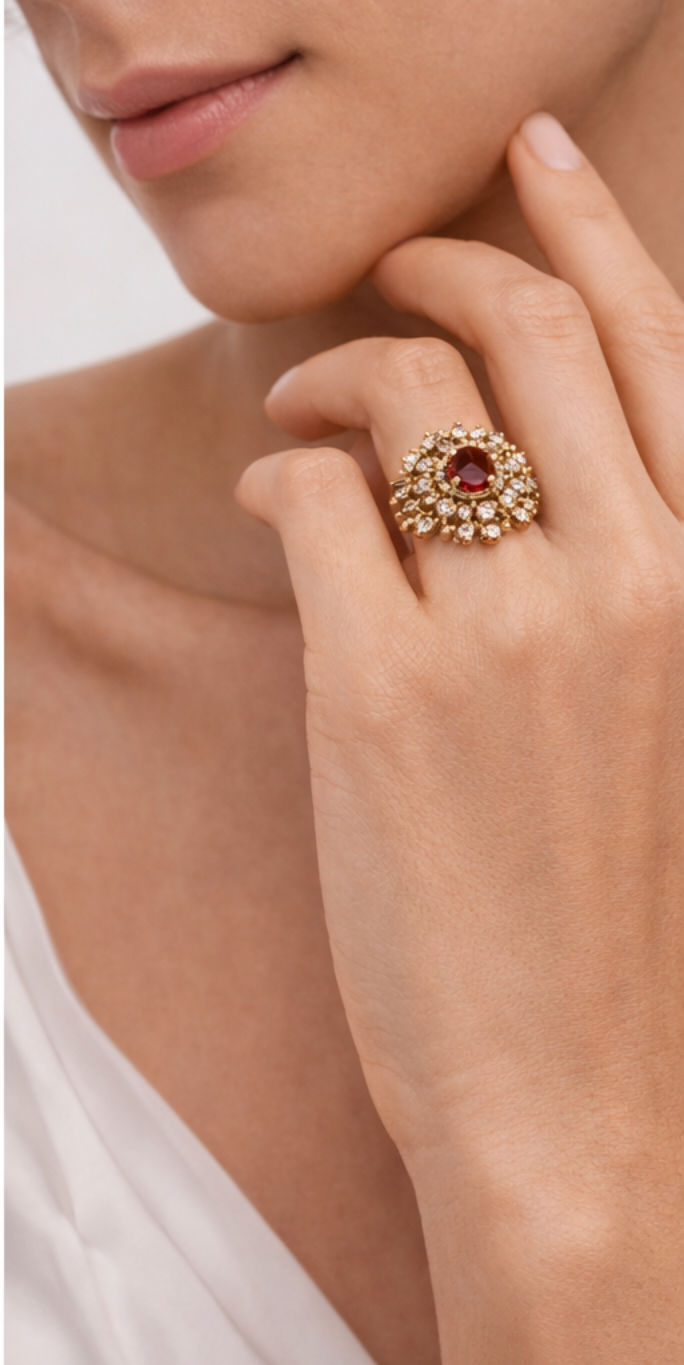 Ikarave Gold Plated Red Crystal Designer Rings for Women and Girls, Adjustable Cocktail Ring, Party Wear Fashion Jewellery, Statement Finger Ring for Wedding, Engagement, Anniversary and Gifting