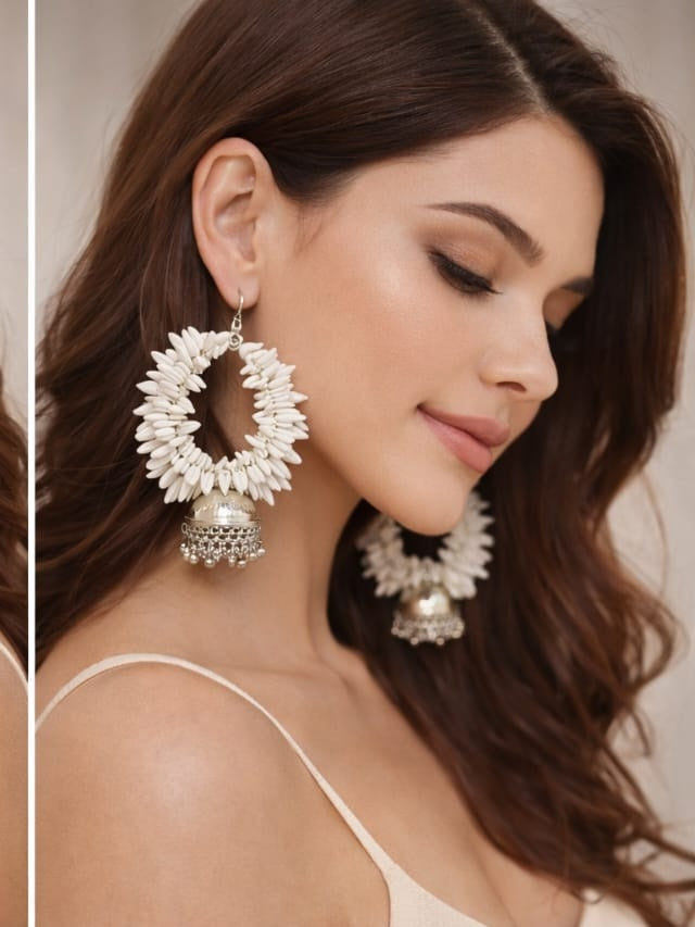 IKARAVE Off White Shell Hoop Earrings with Antique Silver Jhumka for Women Lightweight Statement Jewelry Handmade Party Wedding Ethnic Boho Fashion Earrings for Girls Trendy Gift Set